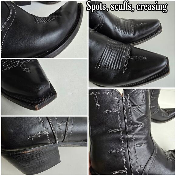 Lucchese Mila Boots Size 8 Black Leather Short Boot Side Zip Snub Toe Embroidery - Picture 9 of 16